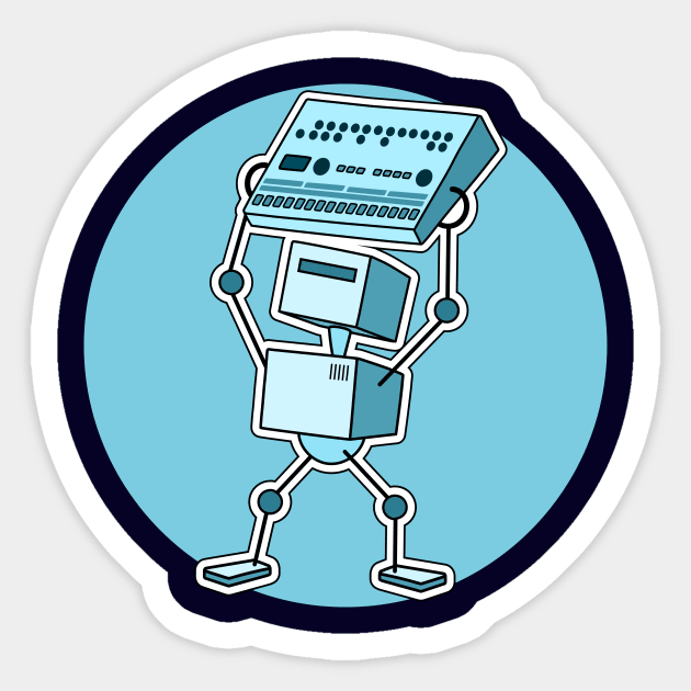 Robot Holding Drum Machine Blue Tint Sticker by Atomic Malibu